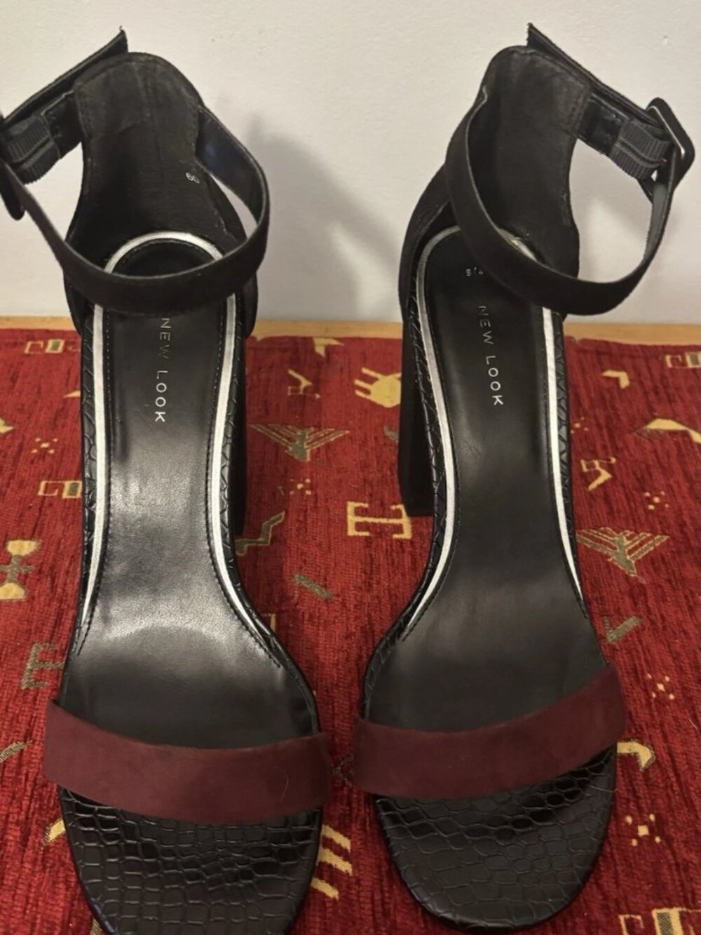 New Look Black Burgundy Strappy Ankle Strap Block Heel Women's Size 8 EU 41